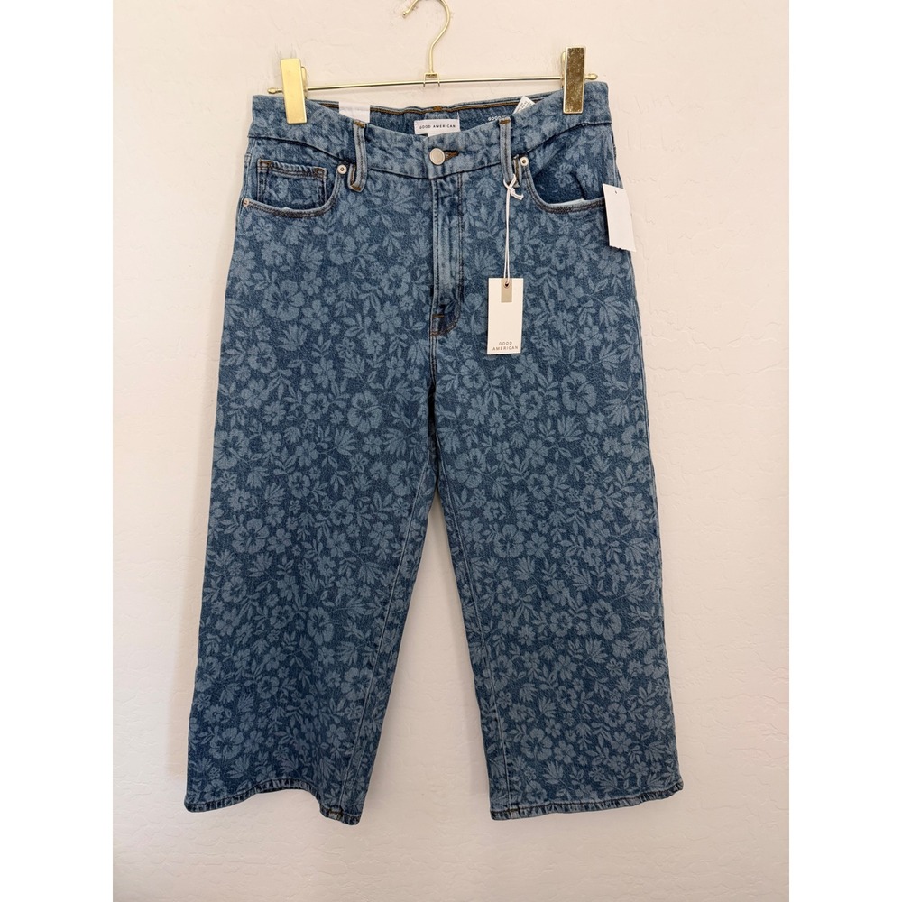 Good American Good Waist Palazzo Crop Blue Floral Wide Leg Jeans 29 Cottagecore